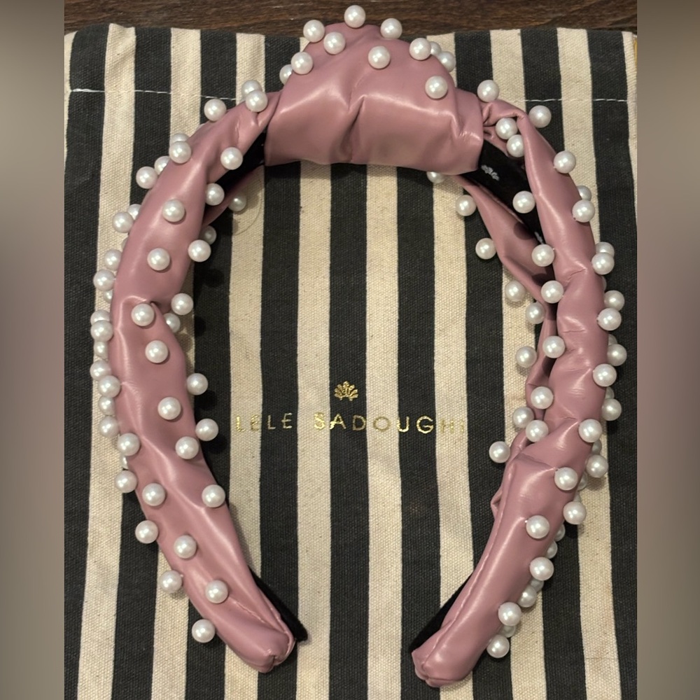 Lele Sadoughi Pink Leather Knotted Headband with Pearls